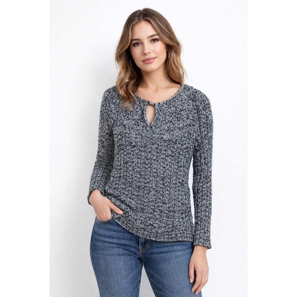 St. John Sport Black White Marled Knit Keyhole Sweater 3/4 Sleeve M VTG Chic